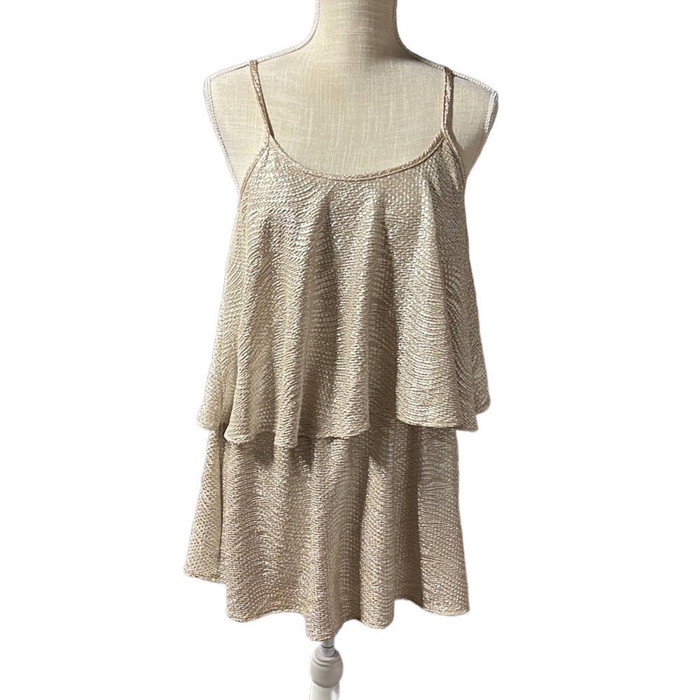 Tobi Spaghetti Strap Sleeveless Mini Dress Gold Shimmer Ruffles Flowy Womens S